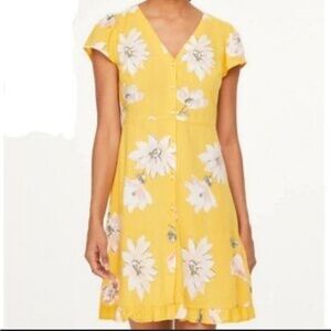 NWT Loft Factory Yellow Floral Button Down Dress With Ruffled Hem, Sz 0